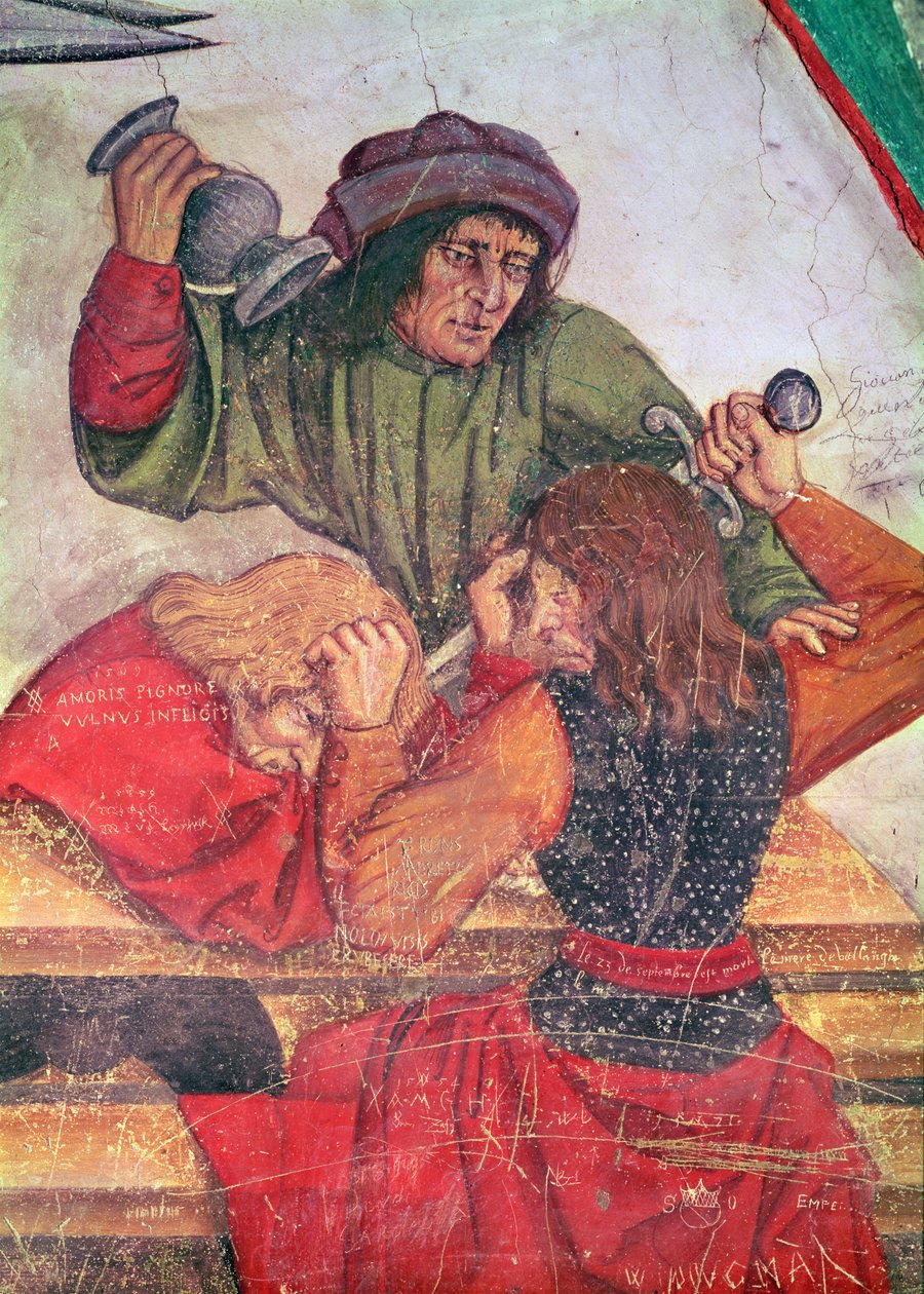 Wnętrze karczmy, fragment walki pijących (fresk) autorstwa Italian School