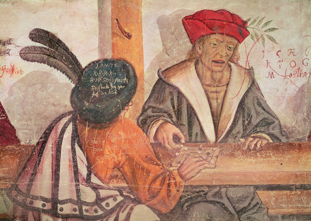 Wnętrze karczmy, fragment dwóch mężczyzn grających w grę planszową (fresk) autorstwa Italian School