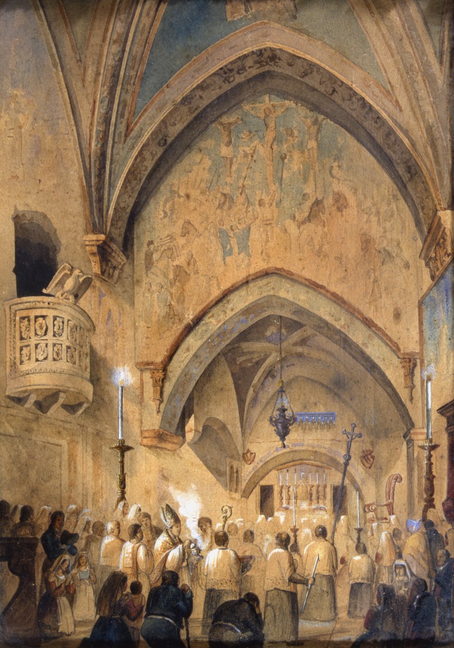 Wnętrze Sacro Speco, Subiaco, Włochy (wc na papierze) autorstwa Italian School