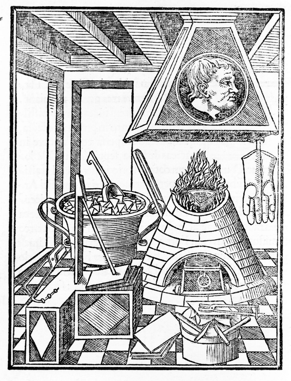 Widok wnętrza warsztatu metalurgicznego Grawer z „Voarchadumia contra alchimiam ars differenta ab archimia et sophia..” Giovanniego Agostino Pantheo (1517-1535) autorstwa Italian School