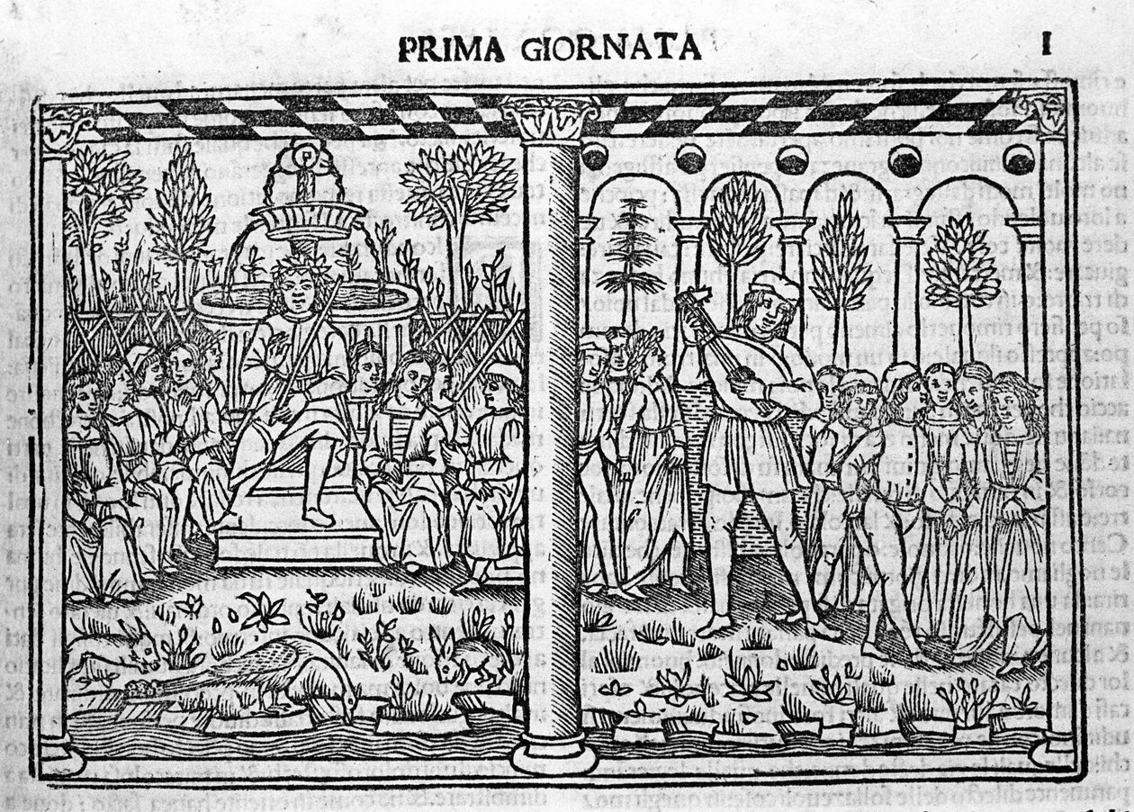 Wstęp: przedstawienie autora Dekameronu otacza dziesięcioro młodych ludzi. Ilustracja pierwszego dnia Dekameronu (1349-1351) autorstwa Giovanniego Boccaccio lub Jeana Boccace (1313-1375), Grawerowanie w „”Dekamerone ouer Cento nouelle”” Wenecja, Bartol autorstwa Italian School