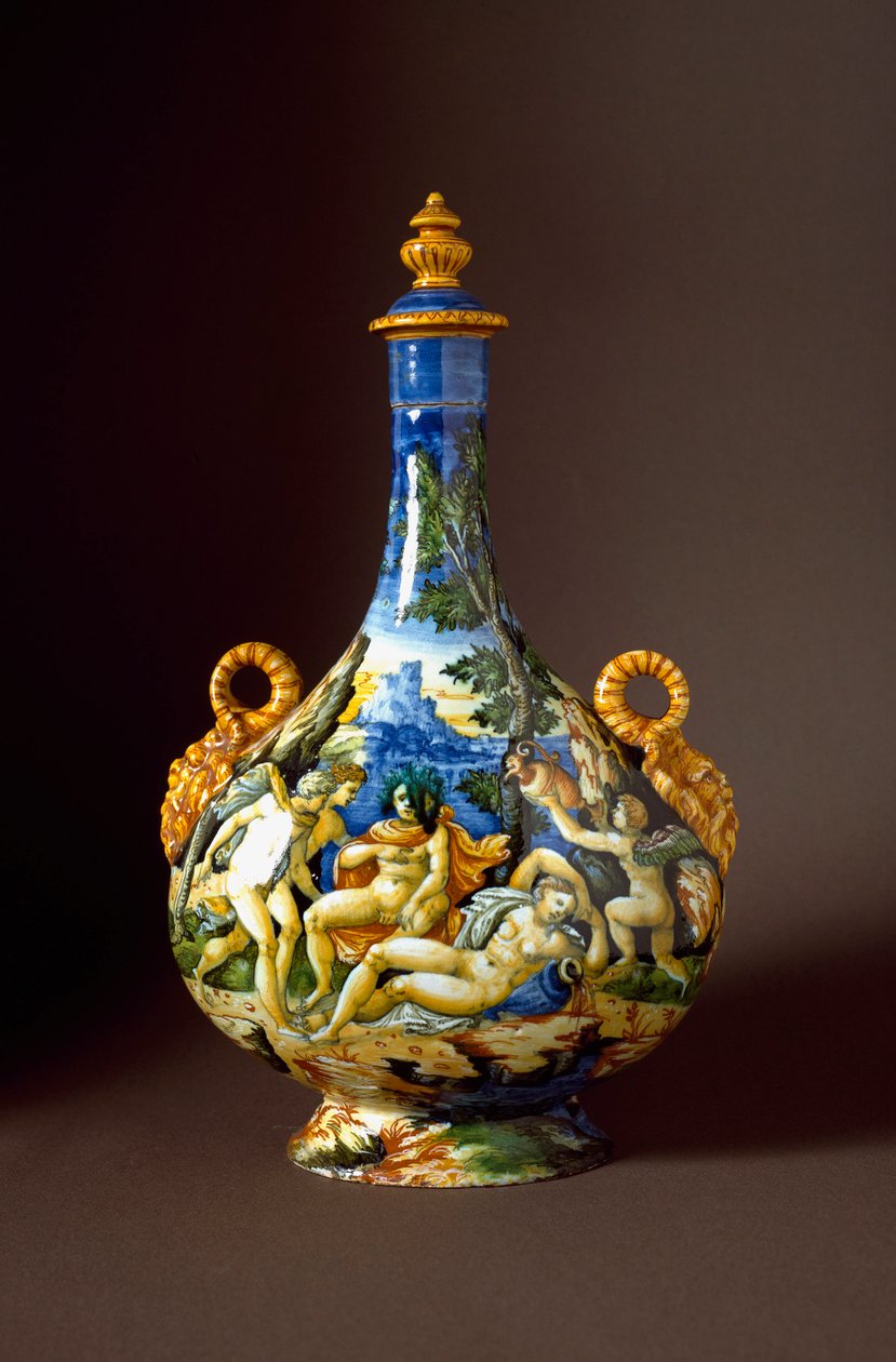 Io et Juno Ceramiczna karafka wyprodukowana w Urbino w warsztacie Fontana we Włoszech. XVI-wieczna Florencja, Museo Nazionale del Bargello - Io i Juno. Dzbanek ceramiczny z warsztatu Fontana, Urbino. 16 wiek. Muzeum Narodowe Bargello, Florencja, Włochy autorstwa Italian School