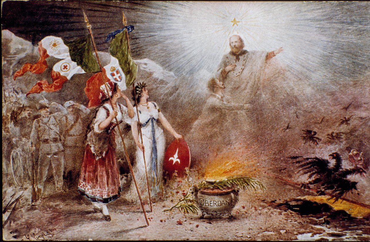 Zjednoczenie Włoch: propagandowa pocztówka przedstawiająca chwałę Giuseppe Garibaldiego jako świętego w obecności Guglielmo Oberdana, nacjonalisty i irredentysty, orła alpejskiego i austriackiego. Prywatna kolekcja autorstwa Italian School