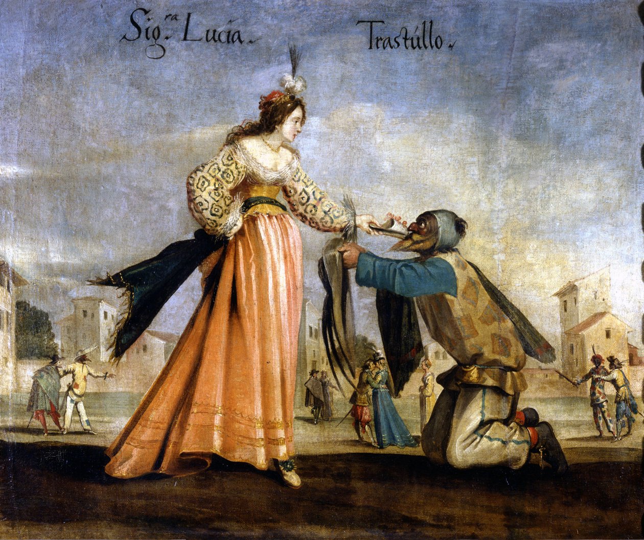Włoskie maski. Obraz Szkoły Bolońskiej z XVII wieku: Madame Lucia i Trastullo. Museo Scala w Mediolanie autorstwa Italian School