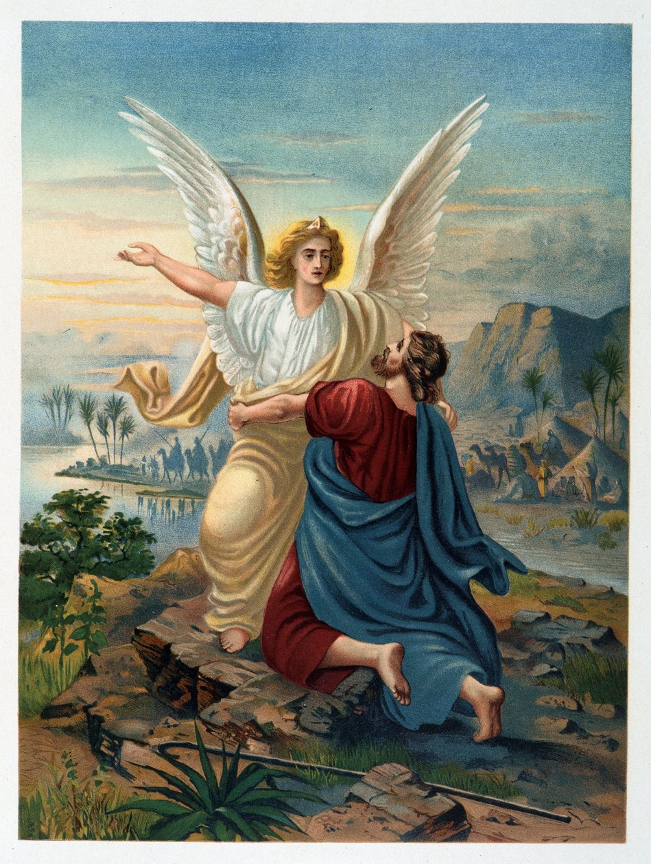 Walka Jakuba z aniołem w „Złotej klasycznej Biblii: historia objawienia Bożego w starożytności i w nowych dążeniach”” Giovanniego Ladislao Sykory (t. 1), przekład Don Clemente Benetti. (Biblia włoska) autorstwa Italian School