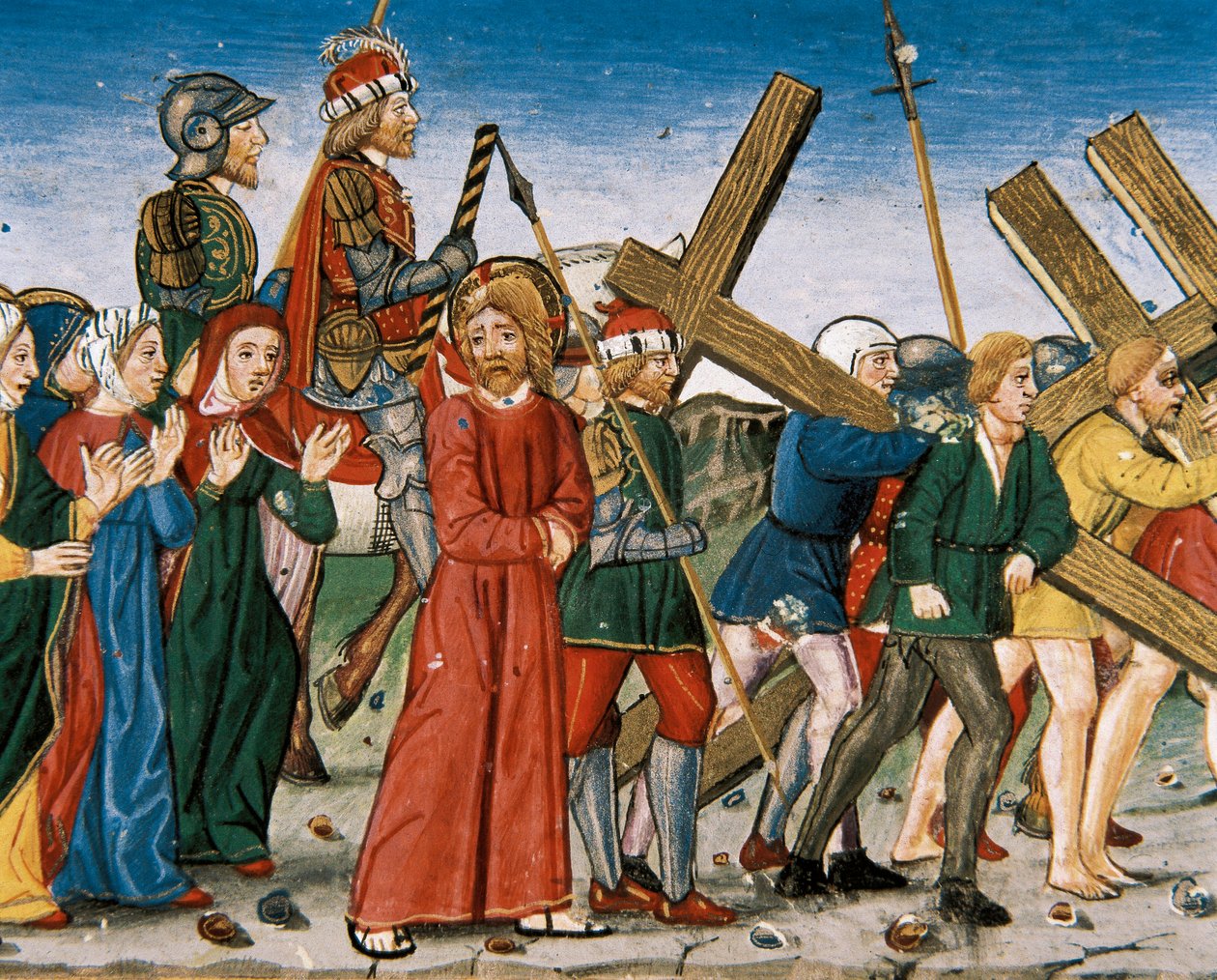 Jezus po drodze prowadzi na Kalwarię i Święte Niewiasty. Rękopis Cristobala de Predis (1440-1486) autorstwa Italian School