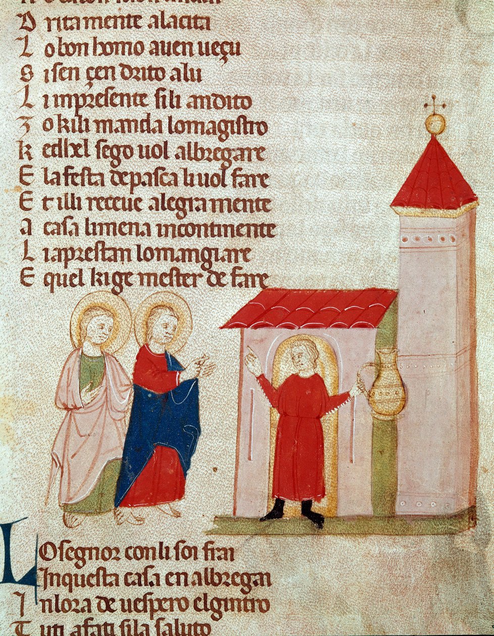Józef i Maria szukają azylu Miniatura z „Del novo e del vedre testamento” Pietro da Barsegape (XIII w.) XIV w. Mediolan, Biblioteca Braidense autorstwa Italian School