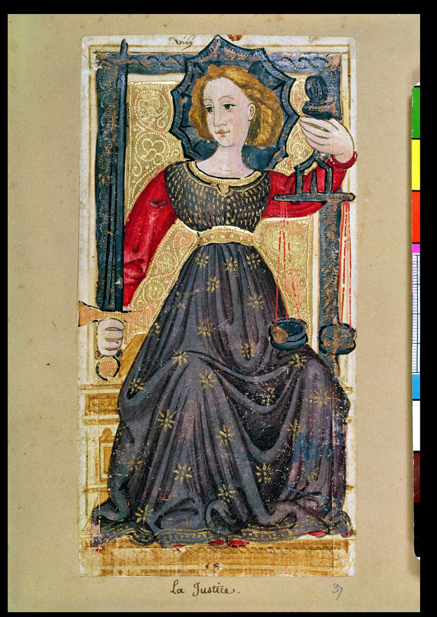 Sprawiedliwość, karta tarota z talii „Charles VI” lub „Gringonneur” (karta ręcznie malowana) autorstwa Italian School