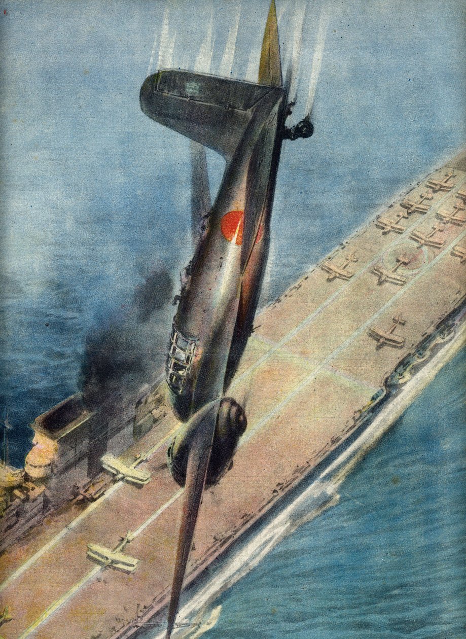 Lotnik kamikadze Abe atakujący brytyjski lotniskowiec, ilustracja z "La Domenica del Corriere", 5 listopada 1944 r. (druk) autorstwa Italian School
