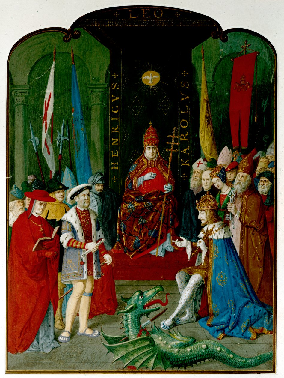 Król Henryk VIII w sporze z cesarzem Karolem V przed papieżem Leonem X. Henryk trzyma w ręku zwój, którym może być bulla z 1521 r. przyznająca mu tytuł „Obrońca wiary” (tusz i akwarela na papierze) autorstwa Italian School