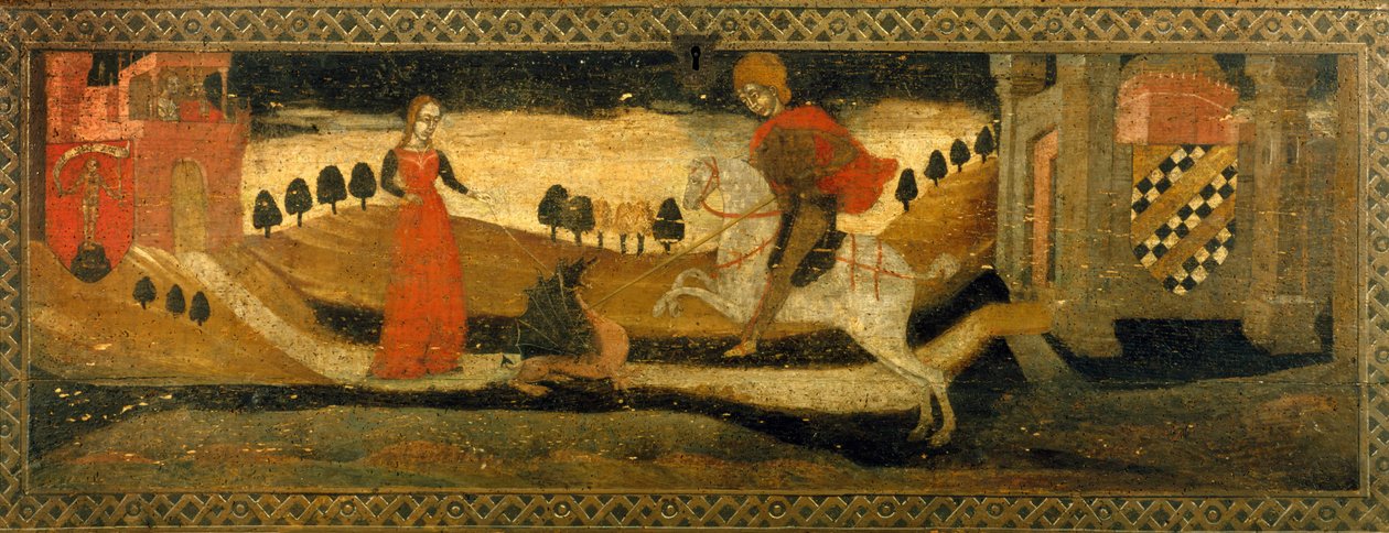 Rycerz zabijający smoka w obecności księżniczki. autorstwa Italian School