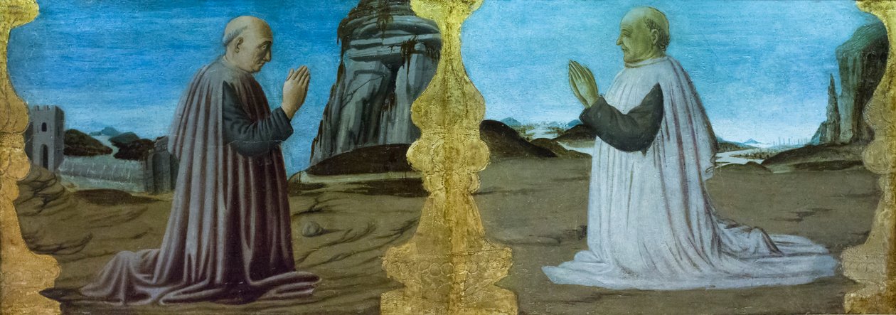 Krajobraz z dwoma darczyńcami autorstwa mistrza Colonna Predella autorstwa Italian School