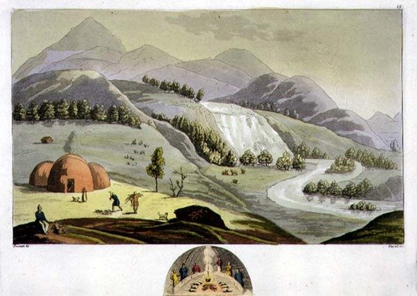 Pejzaż lapoński z siedliskiem rybaka i przekrojem tej chaty, tablica 49 z „Historii Narodów” (akwatinta) autorstwa Italian School
