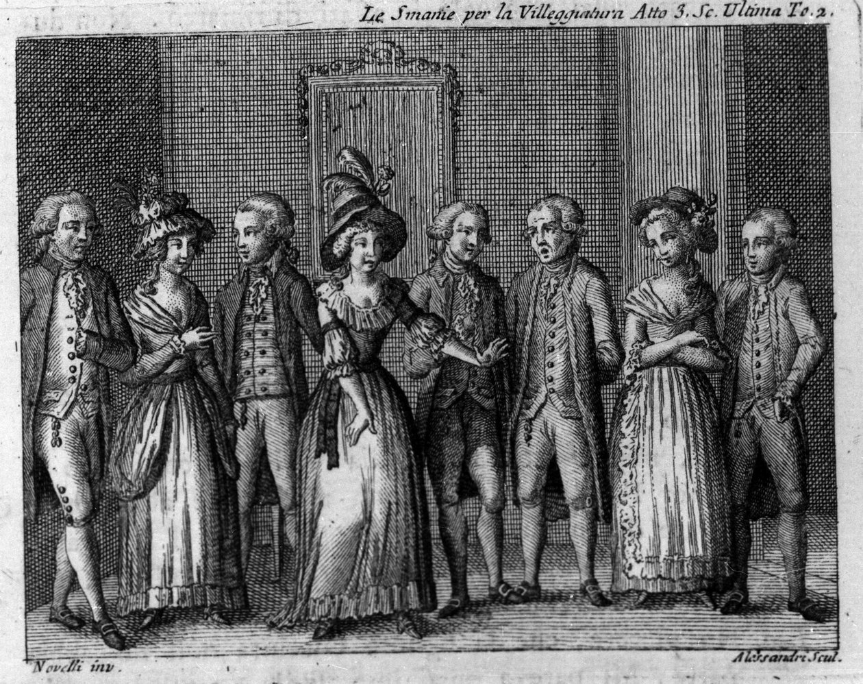Ostatnia scena III aktu komiksu „Le smania per la villeggiatura” (Miasto) (1761) Carlo Goldoniego (1707-1793). Grawerowanie XVIII wieku autorstwa Italian School