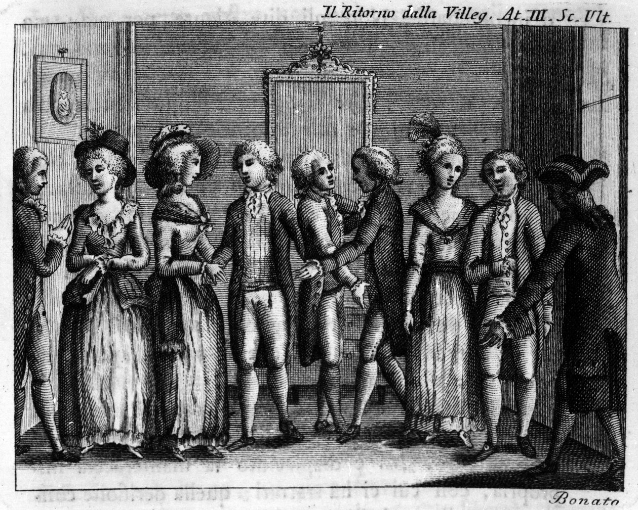 Ostatnia scena III aktu komiksu „Ritorno della villeggiatura” (Powrót miasta) (1761) Carlo Goldoniego (1707-1793). Rycina z XVIII wieku. autorstwa Italian School