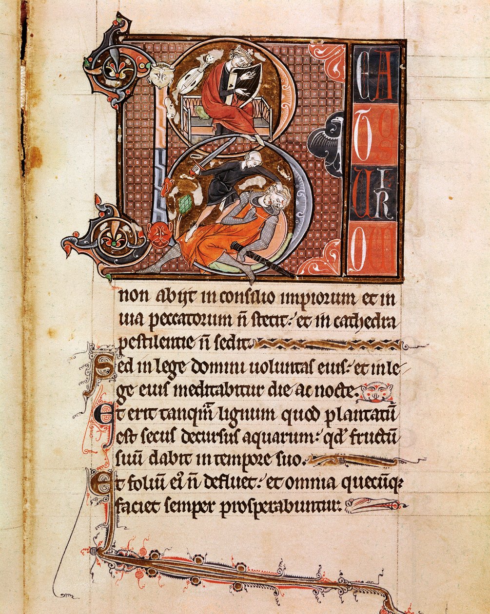 Lettryna B decoree przedstawiająca króla Dawida grającego na pslaterionie i układającego Goliata Page z rękopisu „”Psalterium Cum Calendario”” Padwa z XIII wieku, biblioteka seminarium autorstwa Italian School