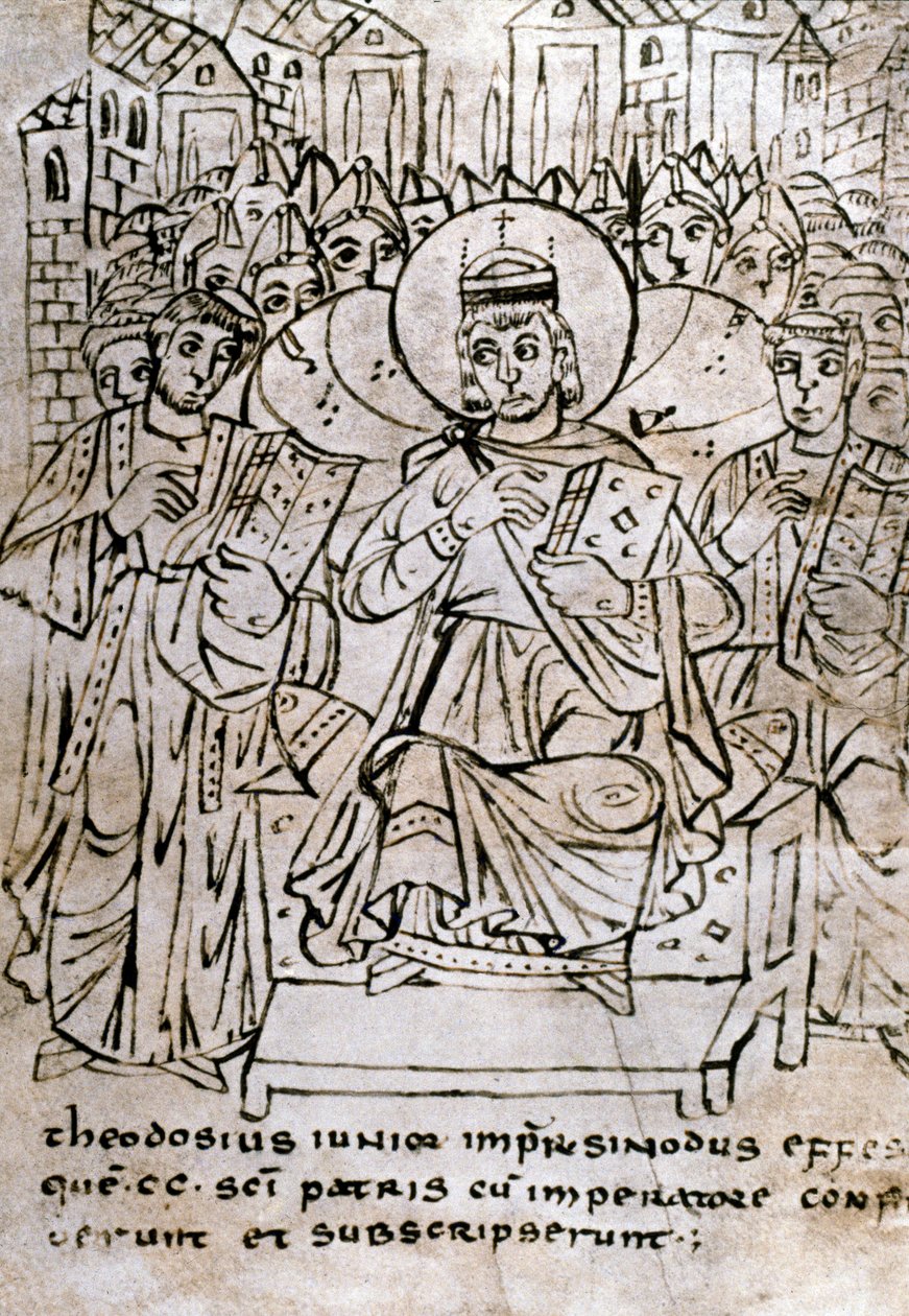 Sztuka Lombardzka: „”Cesarz Teodozjusz II (401–450), wnuk Teodozjusza I, na soborze w Efezie w dniu 22.06.431, potępiający nestorianizm (patriarchy Nestoriusza lub Nestoriusza)”” Rysowanie piórem na pergaminie traktat praw kanonicznych. 9t autorstwa Italian School