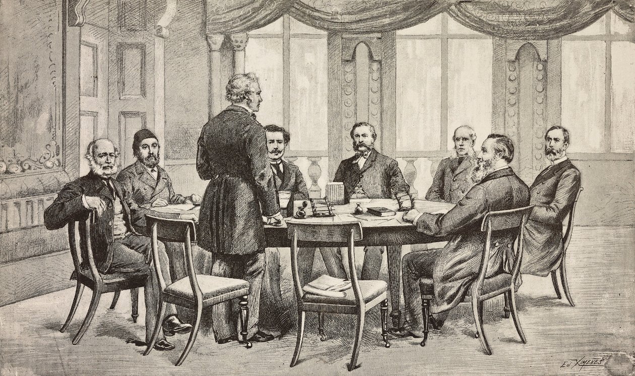 Konferencja londyńska na temat Egiptu, Wielka Brytania: Hrabia Munster, Musurus Pasha, Granville (stojący), Hrabia Nigra, Waddington, De Staal, Childers, Hrabia Karolyi, rycina z rysunku Edoardo Ximenesa, z L