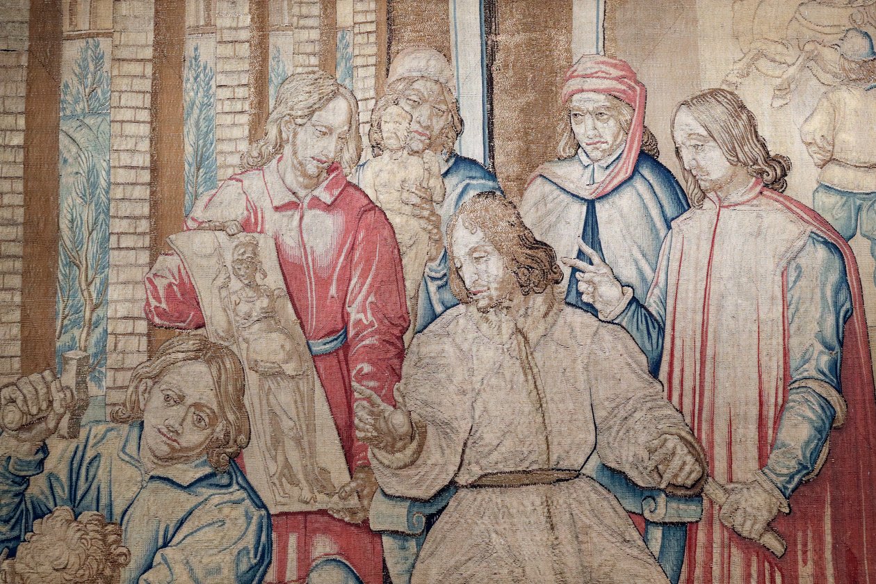 Lorenzo Wspaniały wśród rzeźbiarzy i malarzy w Ogrodzie Medyceuszy w San Marco. Gobelin 1516. Genua. Włochy. autorstwa Italian School