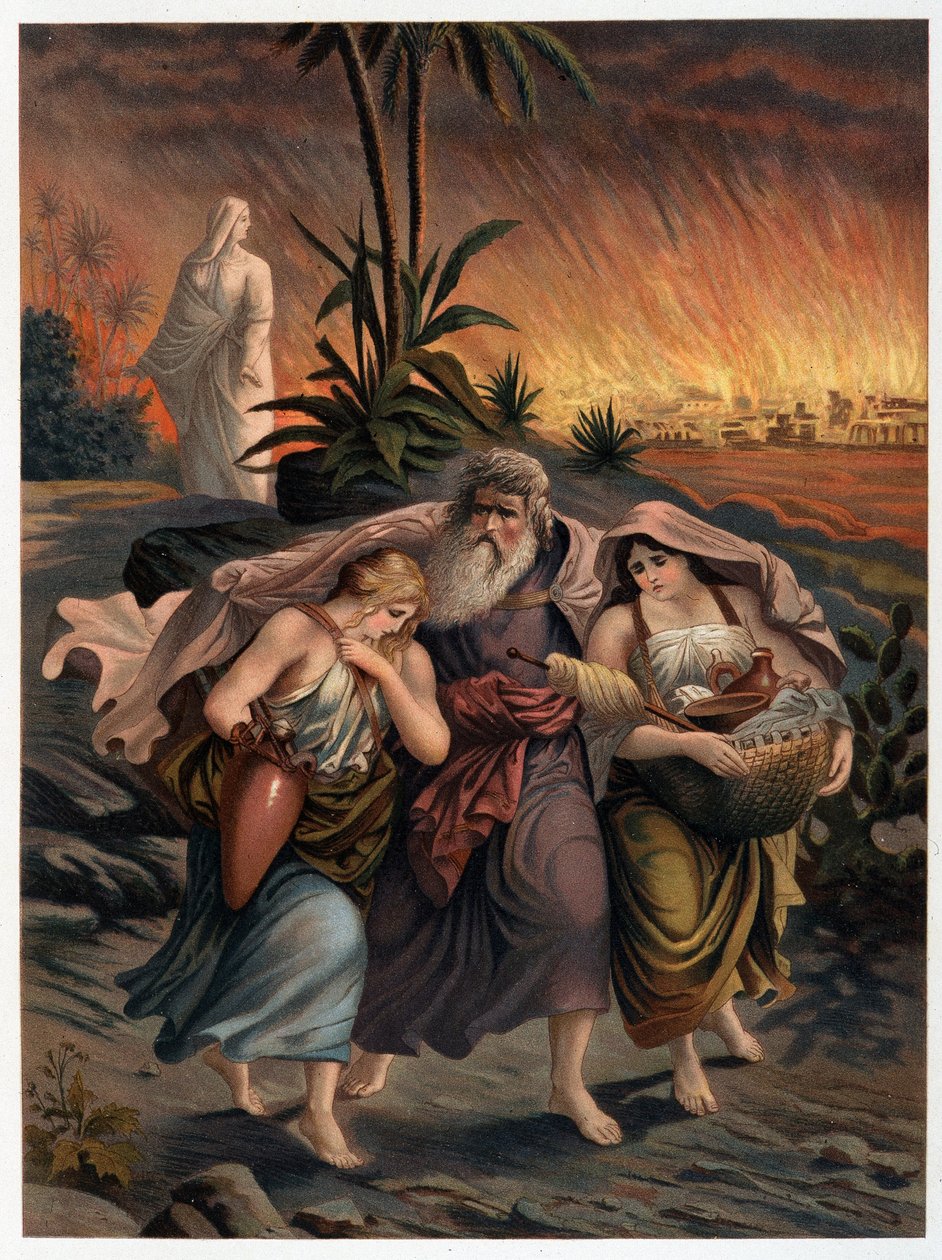 Loth wraz z dwiema córkami ucieka przed zniszczeniem Sodomy, a jego żona zostaje przemieniona w posąg z soli – w „Golden classic Bible: historia objawienia Bożego w starożytności i w nowej tezie”” Giovanniego Ladislao Sykora (t. 1) , przetłumacz autorstwa Italian School