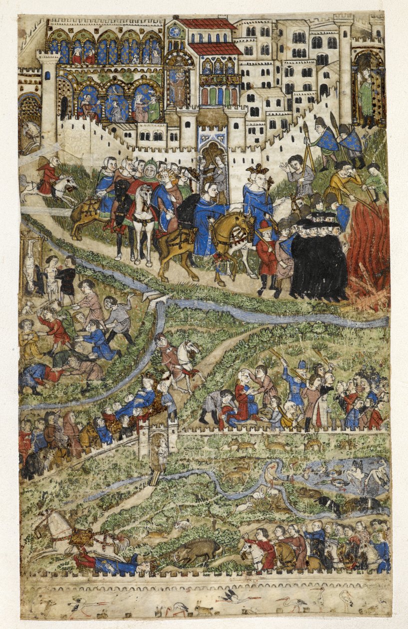 MS Add.27695 fol.6v Zniszczenie templariuszy i śmierć króla Francji Filipa IV (1268-1314), ilustracja z „Traktatu o występkach” Cocharelli z Genui, koniec XIV wieku (wellum) autorstwa Italian School
