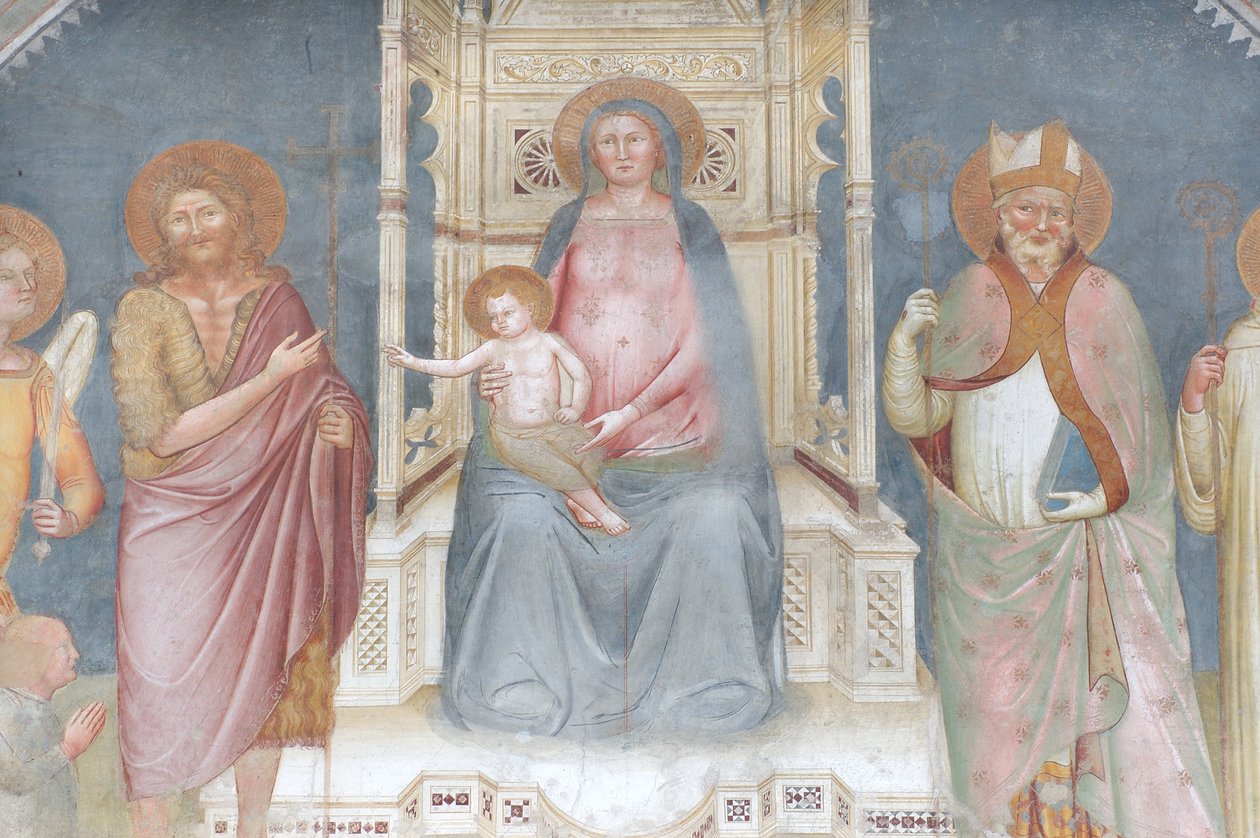 Madonna z Dzieciątkiem, Anioł Gabriel, Święty Jan Chrzciciel, Święty Ambroży, Święty Bernard autorstwa Italian School