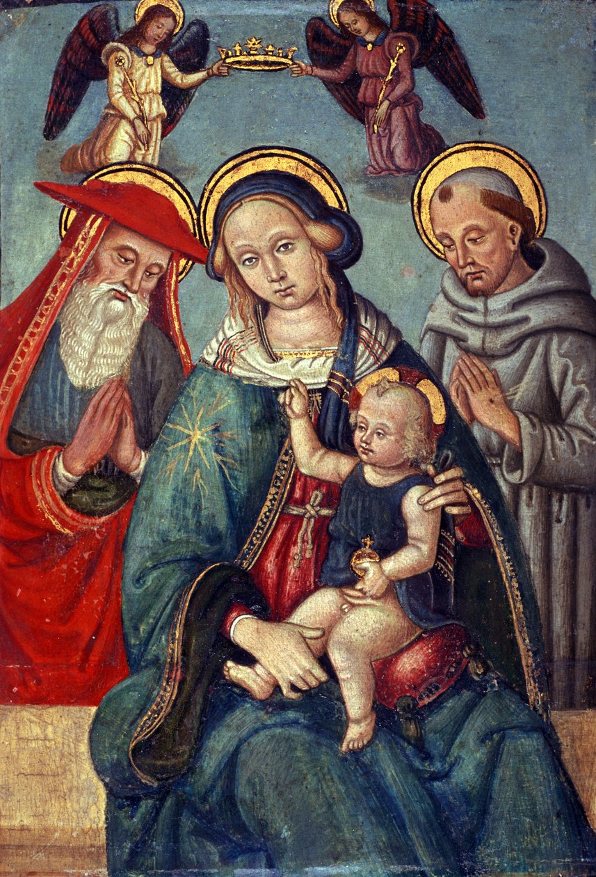 Madonna z Dzieciątkiem koronowana przez dwa Anioły, ze św. Hieronimem i św. Franciszkiem, ok. 1500 (tempera na drewnie topoli) autorstwa Italian School