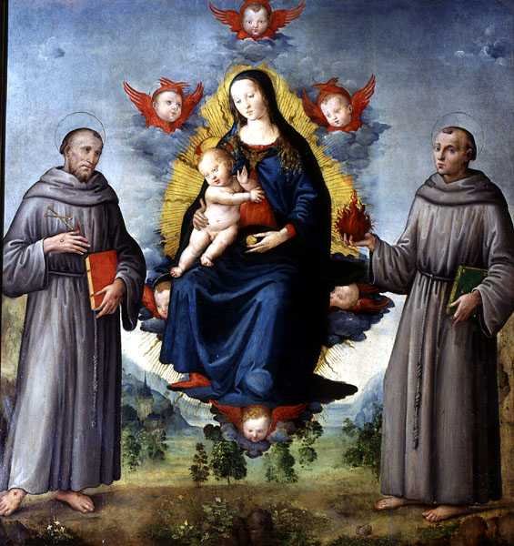 Madonna z Dzieciątkiem, otoczeni przez SS Franciszka z Asyżu i Antoniego z Padwy (tempera na panelu) autorstwa Italian School