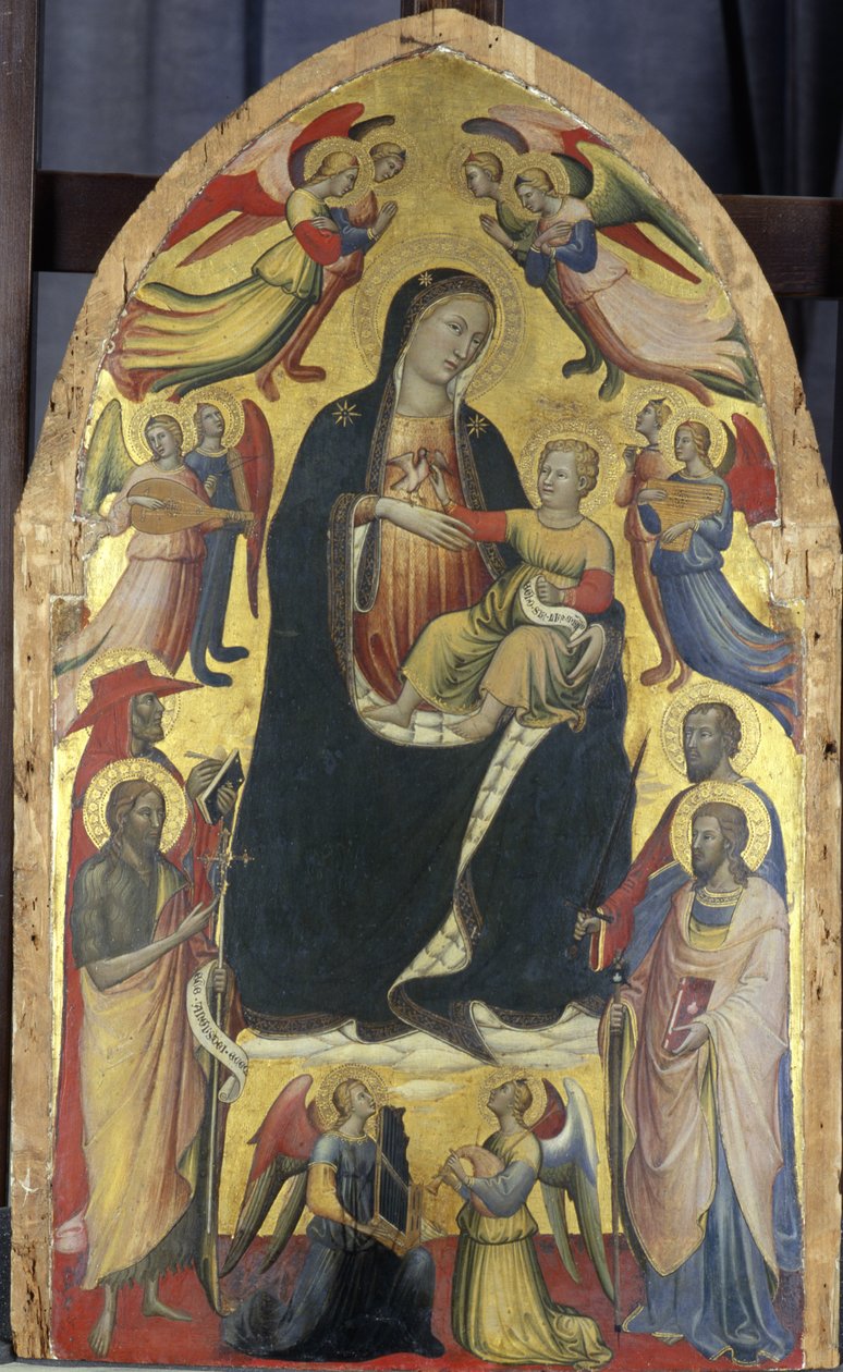 Madonna z Dzieciątkiem na tronie z chmur ze świętymi i aniołami, ok. 1415-20 (tempera na drewnie topoli) autorstwa Italian School