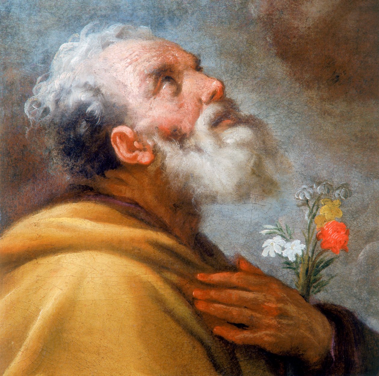 Madonna z Dzieciątkiem ze świętymi Józefem i Grzegorzem Wielkim oraz duszami czyśćcowymi, fragment twarzy św. Józefa autorstwa Italian School