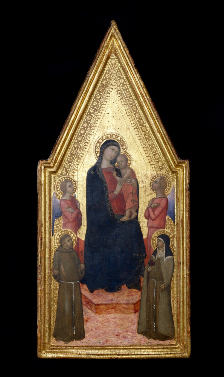 Madonna z Dzieciątkiem ze św. Franciszkiem, św. Klarą i dwoma aniołami, 1340-50 (tempera i złoty płatek na desce) autorstwa Italian School