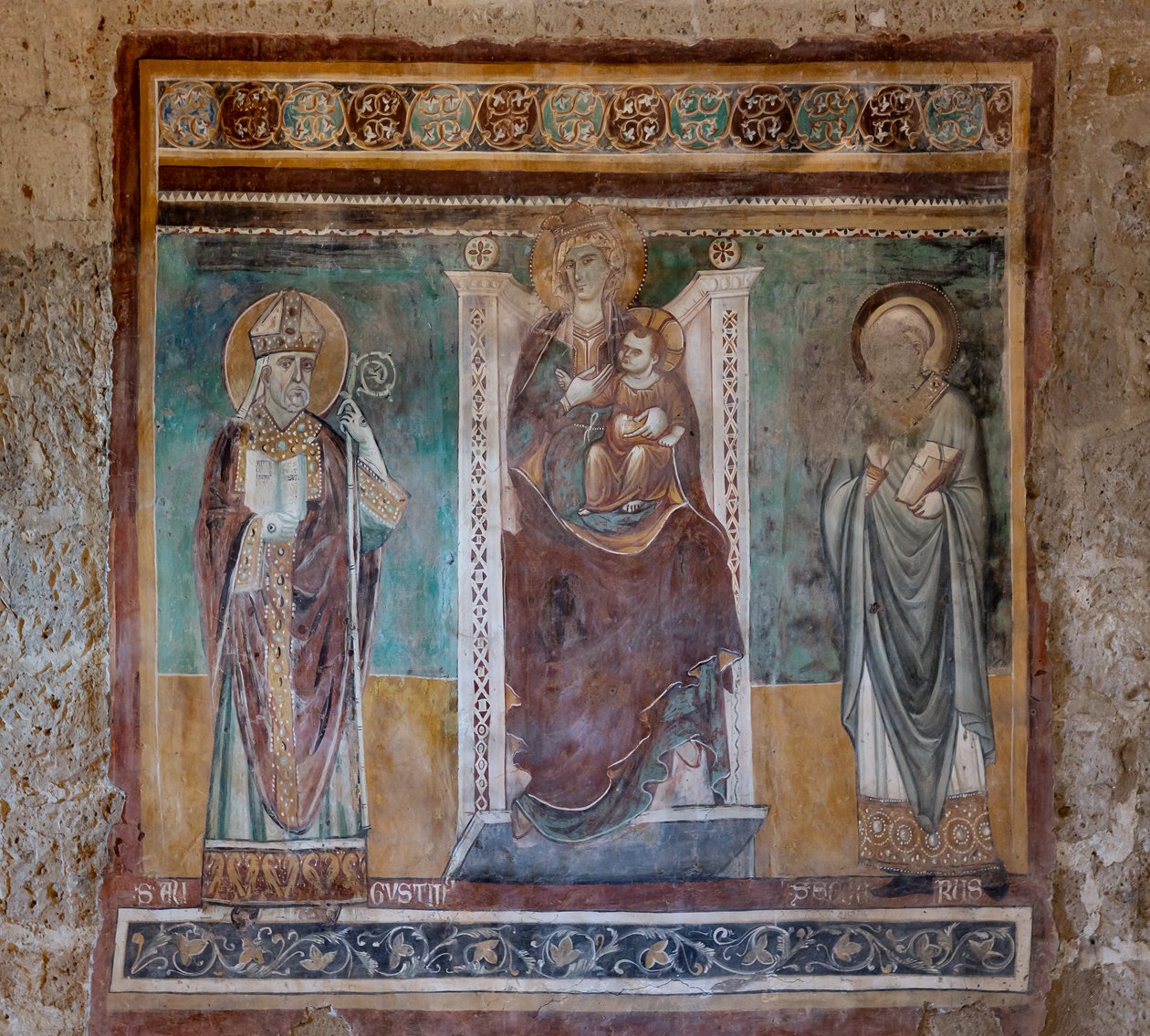 Madonna intronizowana ze świętymi Augustynem i Sewerem, Oratorium Ukrzyżowania, ostatnia ćwierć XIII w. (fresk) autorstwa Italian School