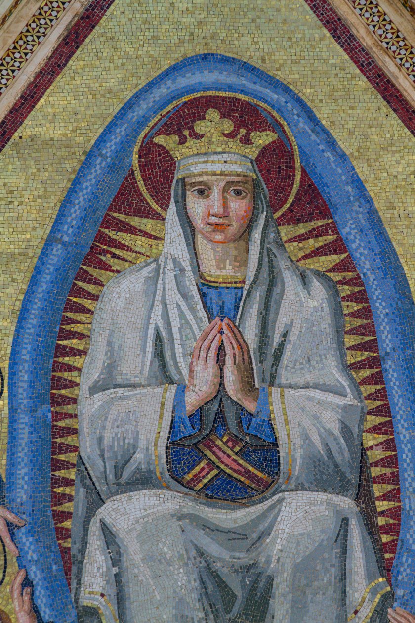 Madonna w mandorli, detal z Wniebowzięcia Marii do chwały, mozaika, szczyt centralnego wejścia, fasada katedry w Orvieto, Umbria, Włochy autorstwa Italian School