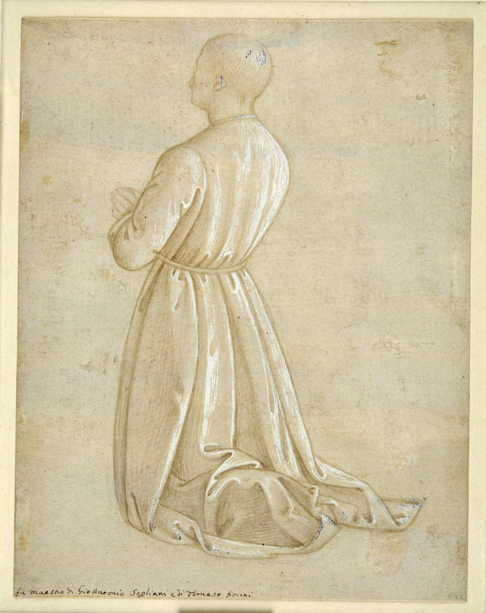 Mężczyzna klęczący do modlitwy, widziany od tyłu (metalpoint z gwaszem na papierze) autorstwa Italian School