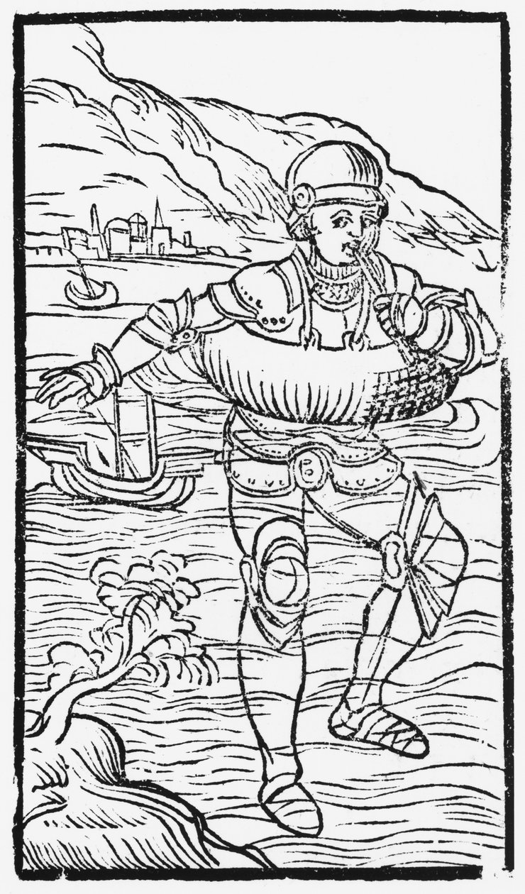 Człowiek z pierścieniem życia, ilustracja z Historii narodów Północy Olausa Magnusa (1490-1558), opublikowana w Rzymie, 1555 autorstwa Italian School