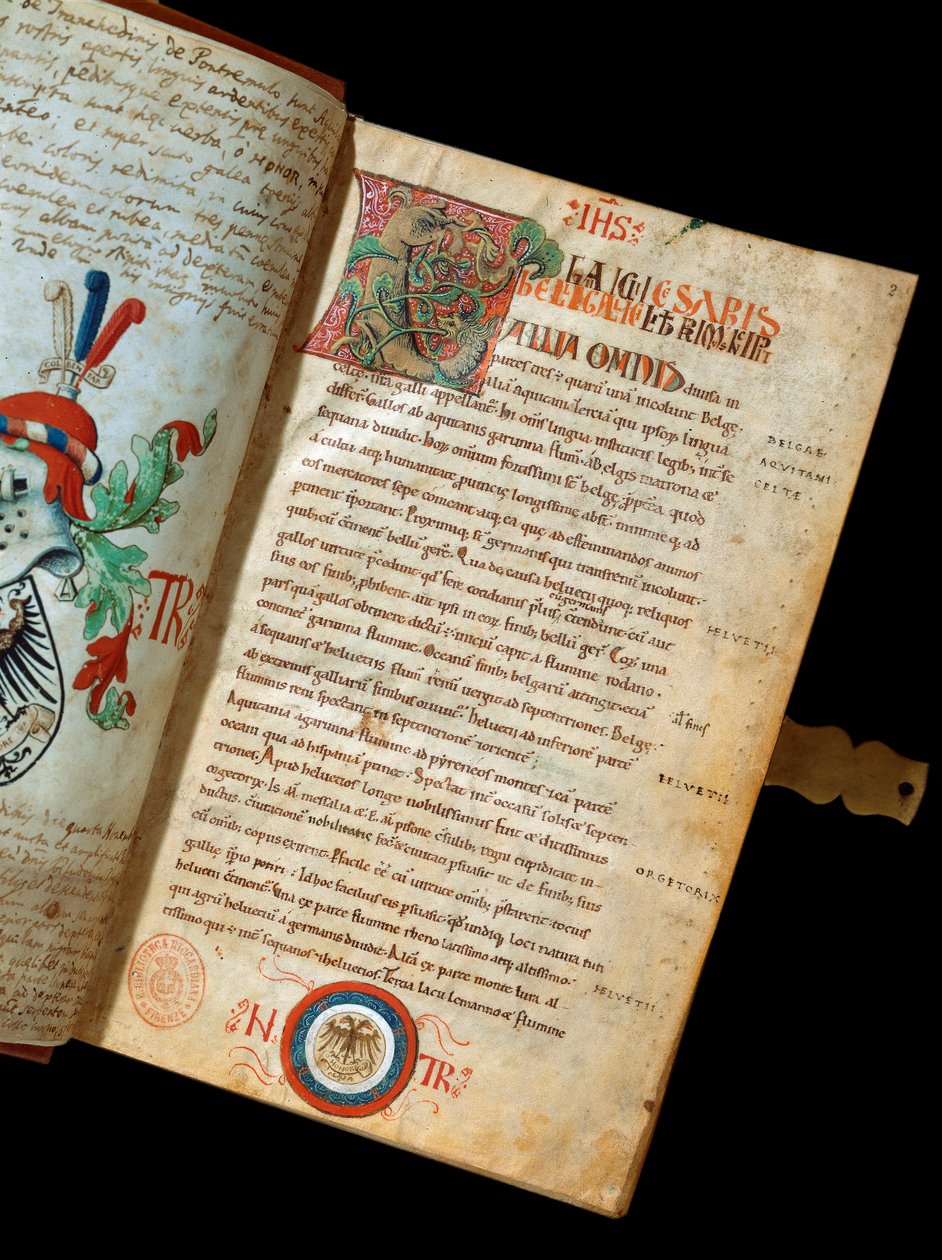 Rękopis „De Bello Gallico, komentarze o wojnie Galów”” Julesa Cesara (Giulio Cesare lub Caius Julius Caesar) (100-44 pne) (ms. 541) Blazon humanisty Niccolo Tranchediniego, właściciela rękopisu. XIV-wieczna Biblioteca Riccardiana Neapol autorstwa Italian School