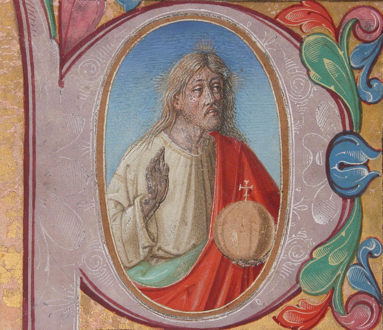 Iluminacja rękopisu z Salvator Mundi w inicjale P, z księgi chóralnej (tempera, atrament i złoto na pergaminie) autorstwa Italian School