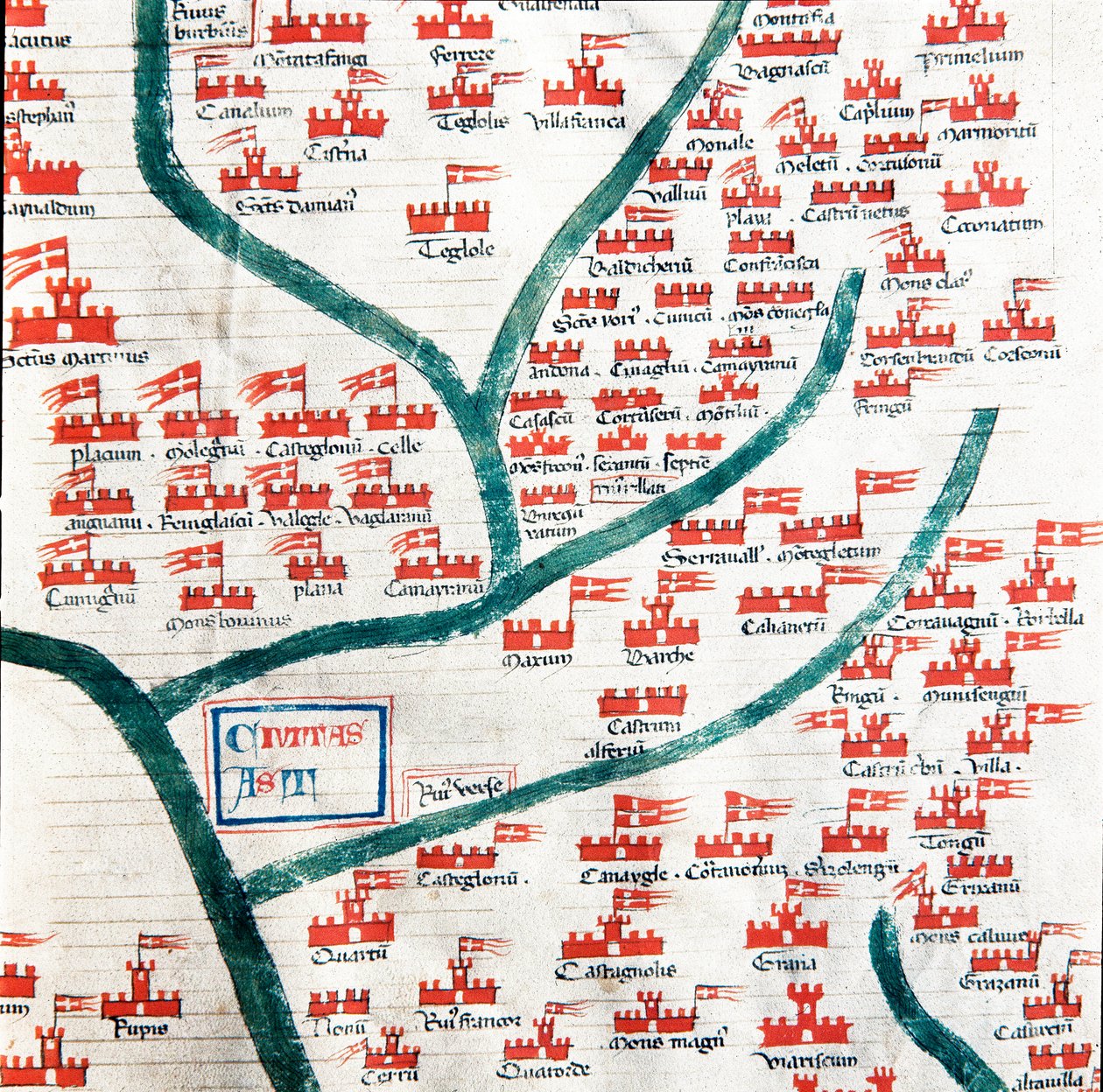 Mapa przedstawiająca gminy należące do miasta Asti w XIII wieku Miniatura zaczerpnięta z „”Codex Astensis” (lub Malabayla), kroniki dotyczące miasta Asti w latach 1065-1353. XIV wiek. Zachowaj u burmistrza Asti autorstwa Italian School