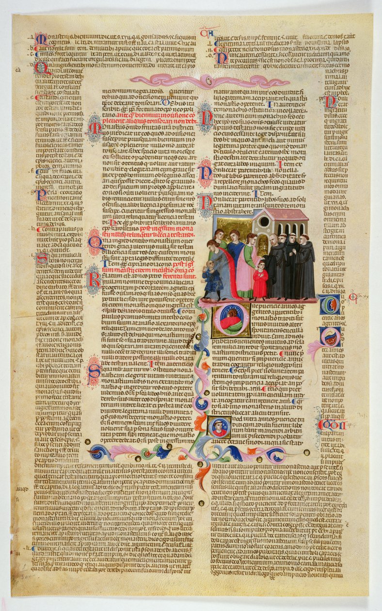 Marlay Cutting IT.9: Liść z miniaturą z Gratians Decretum przedstawiającą dwóch chłopców sprowadzonych do klasztoru przez rodziców autorstwa Italian School