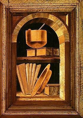 Intarsja panel martwej natury z książkami (drewno) autorstwa Italian School