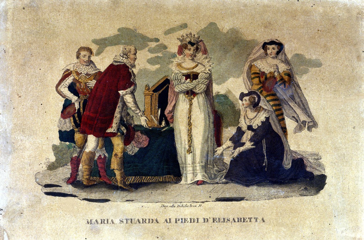 Maria Stuart u stóp Elżbiety I, w operze Maria Stuarda Gaetano Donizettiego, 1810 autorstwa Italian School