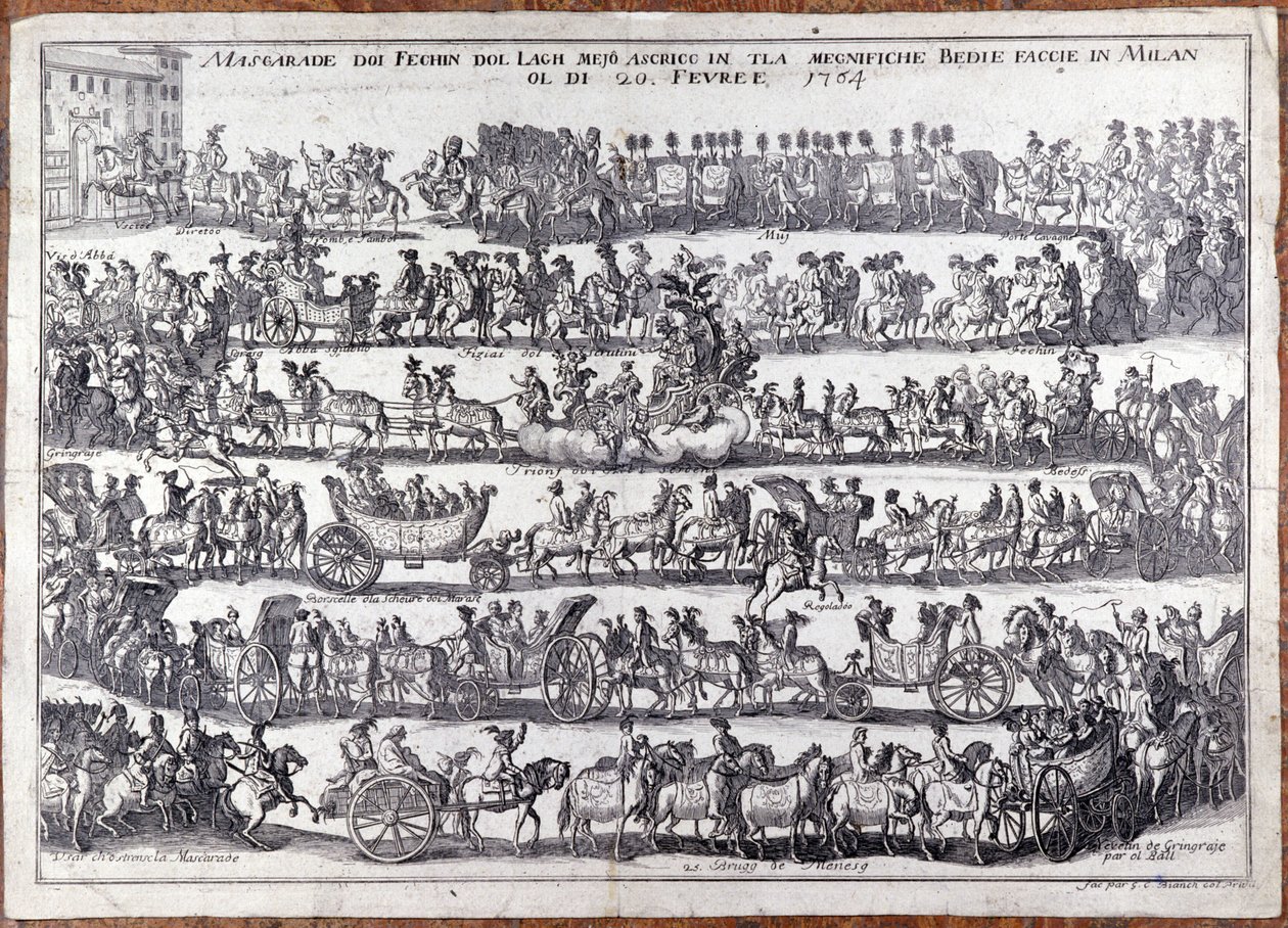 Maskarada: procesja i taniec ludowych masek z okazji karnawału. Mediolan 20.02.1764 Grawerowanie XVIII wieku autorstwa Italian School