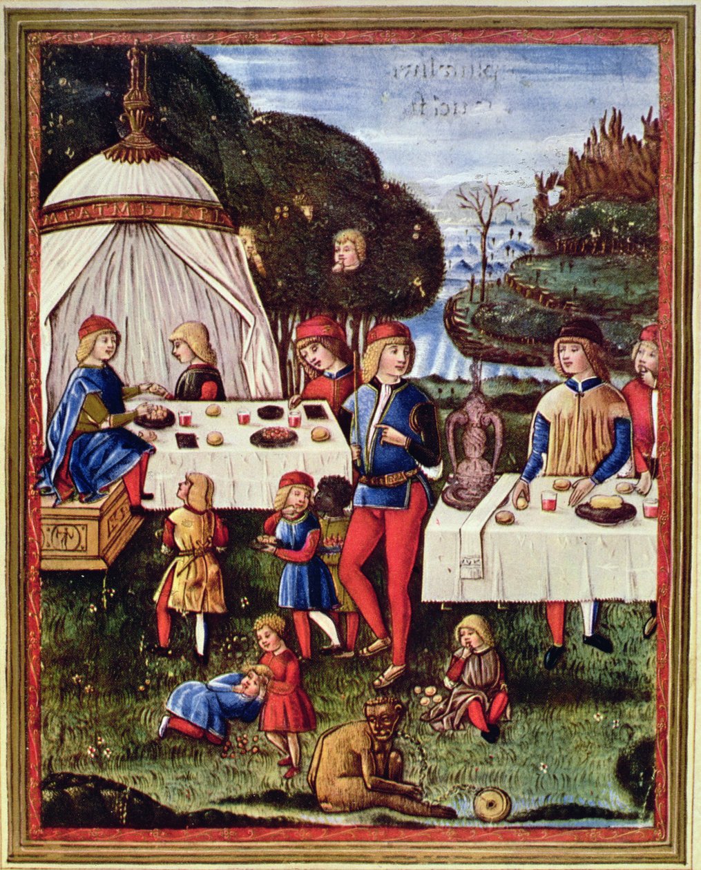 Maximilian Sforza jako dziecko jedzący posiłek w ogrodzie, ilustracja z egzemplarza „Ars grammatica” (velum) autorstwa Italian School