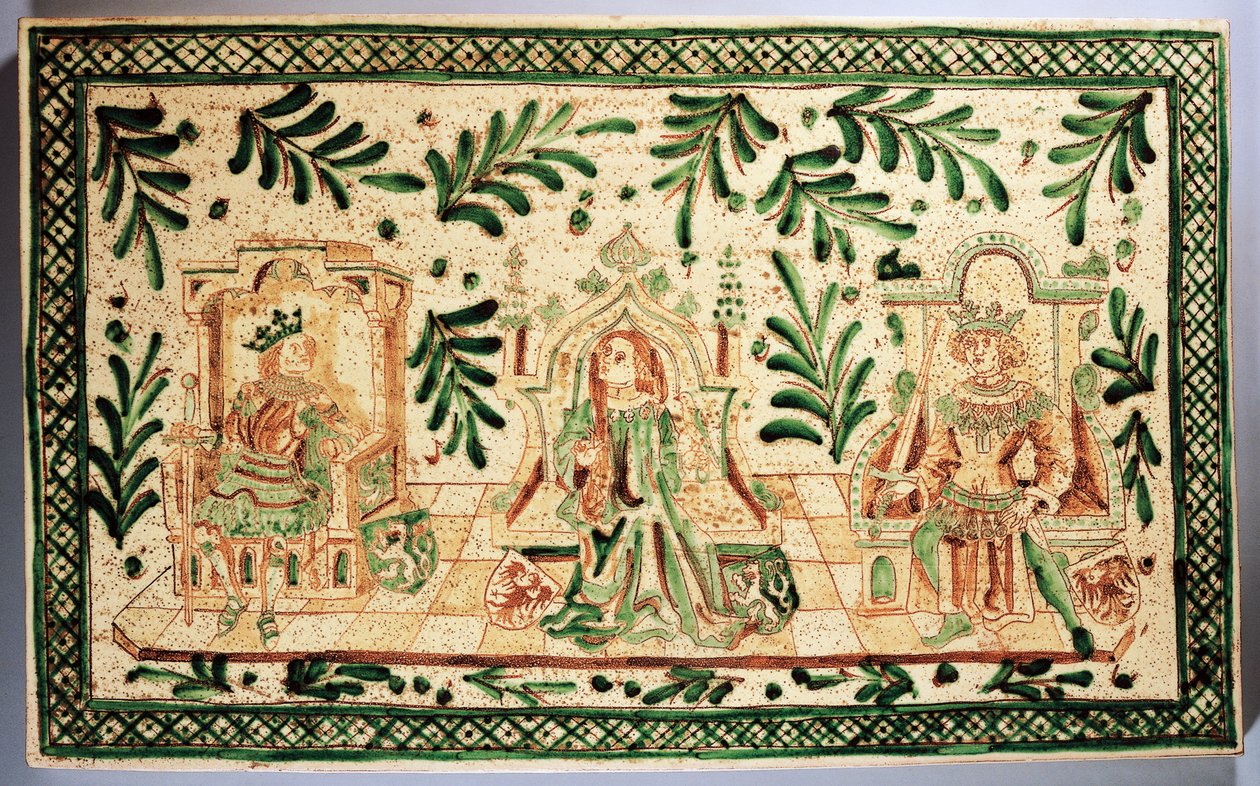 Średniowieczna plakieta dekoracyjna przedstawiająca Konstancję z Hauteville, Rogera Sycylijskiego i Fryderyka II Hohenstaufena, manufaktura Alessi, Caltagirone, Sycylia, Włochy (ceramika) autorstwa Italian School
