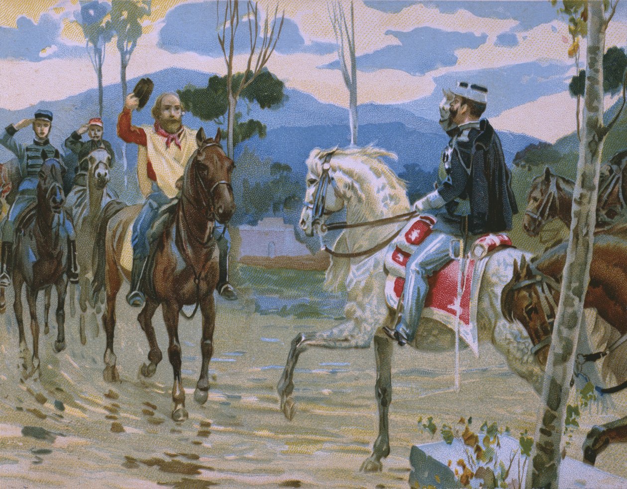 Spotkanie Giuseppe Garibaldiego z królem Wiktorem Emanuelem II (1820-78) 26 października 1860 w Teano, ilustracja z albumu poświęconego historii Risorgimento wykonanego dla czekoladowego Talmone, la autorstwa Italian School