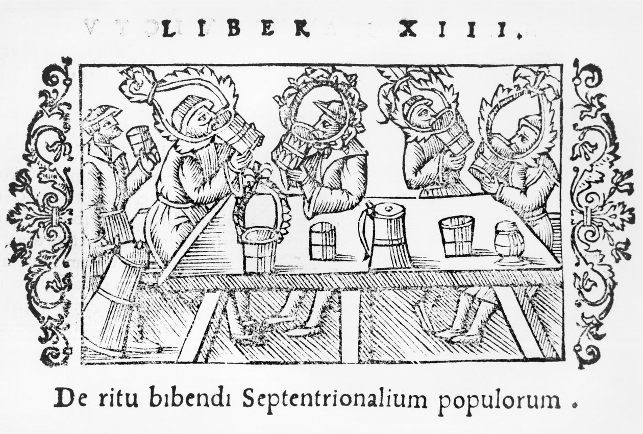 Picie mężczyzn, ilustracja z Historii Narodów Północy autorstwa Olausa Magnusa (1490-1558), opublikowana w Rzymie, 1555 autorstwa Italian School