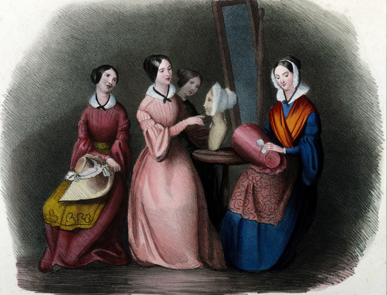 Metier mediolański: kapelusze modne dla młodych kobiet. 1830 Grawerowanie Locarno. autorstwa Italian School