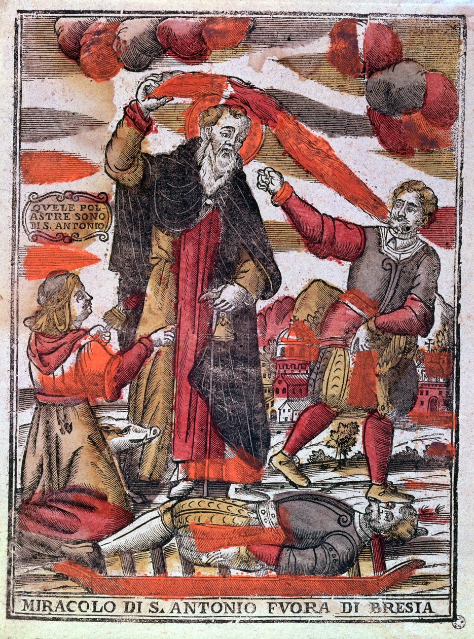 Cud św. Antoniego Wielkiego uzdrawiający otrutego człowieka (kolorowy drzeworyt) autorstwa Italian School