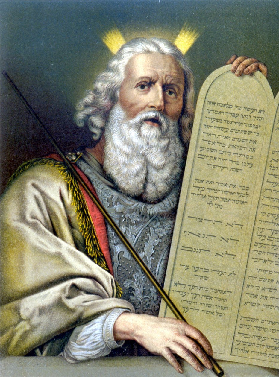 Mojżesz trzymający tablicę prawa - w „Złotej Biblii klasycznej: historia objawienia Bożego w starożytności i w nowym dążeniu” ”przez Giovanniego Ladislao Sykora (t. 1), przetłumaczony przez Don Clemente Benetti. (Biblia włoska) autorstwa Italian School