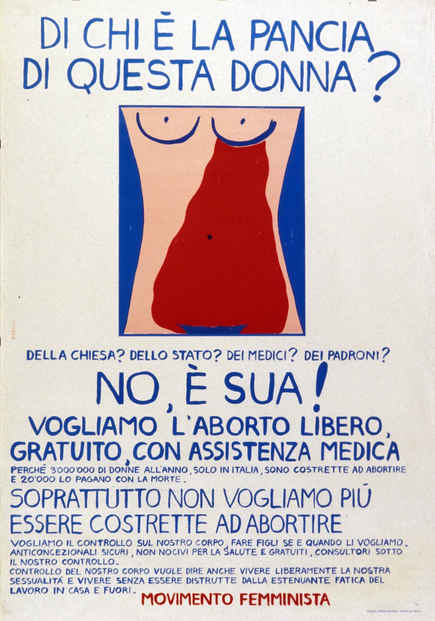 Ruch feministyczny: "Do kogo należy kobiece łono Do Kościoła Państwu Lekarzom Do szefów Nie, do niej! Plakat o prawie do bezpłatnej aborcji z pomocą medyczną. autorstwa Italian School
